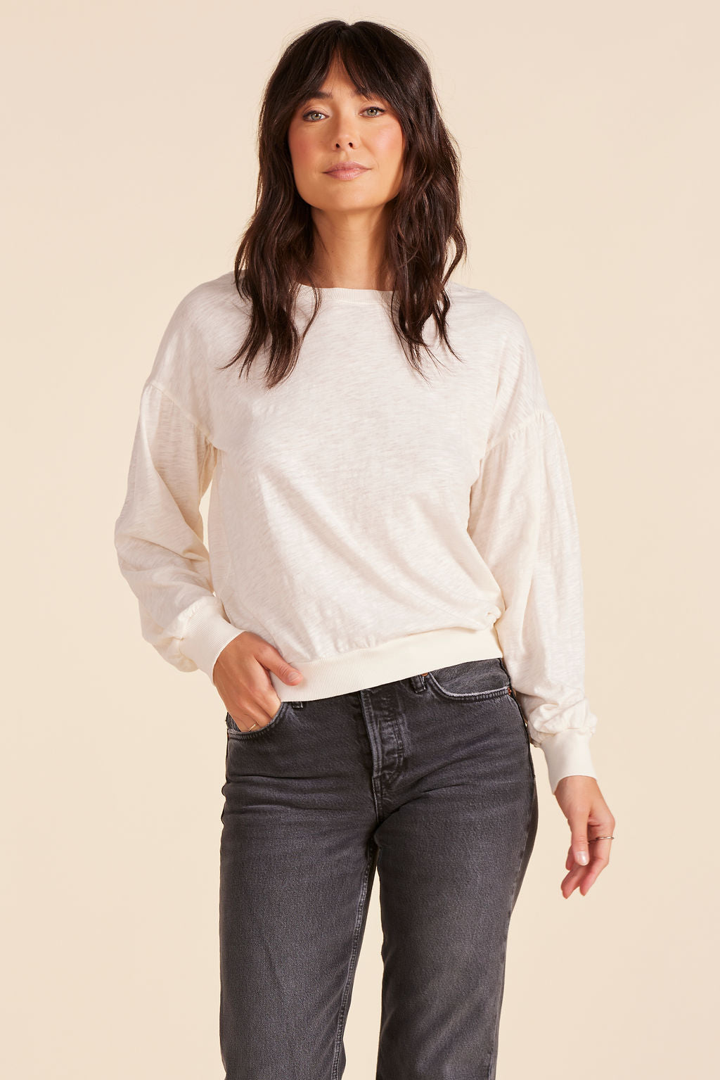 SHIRRED SLEEVE DROP SHOULDER PULLOVER