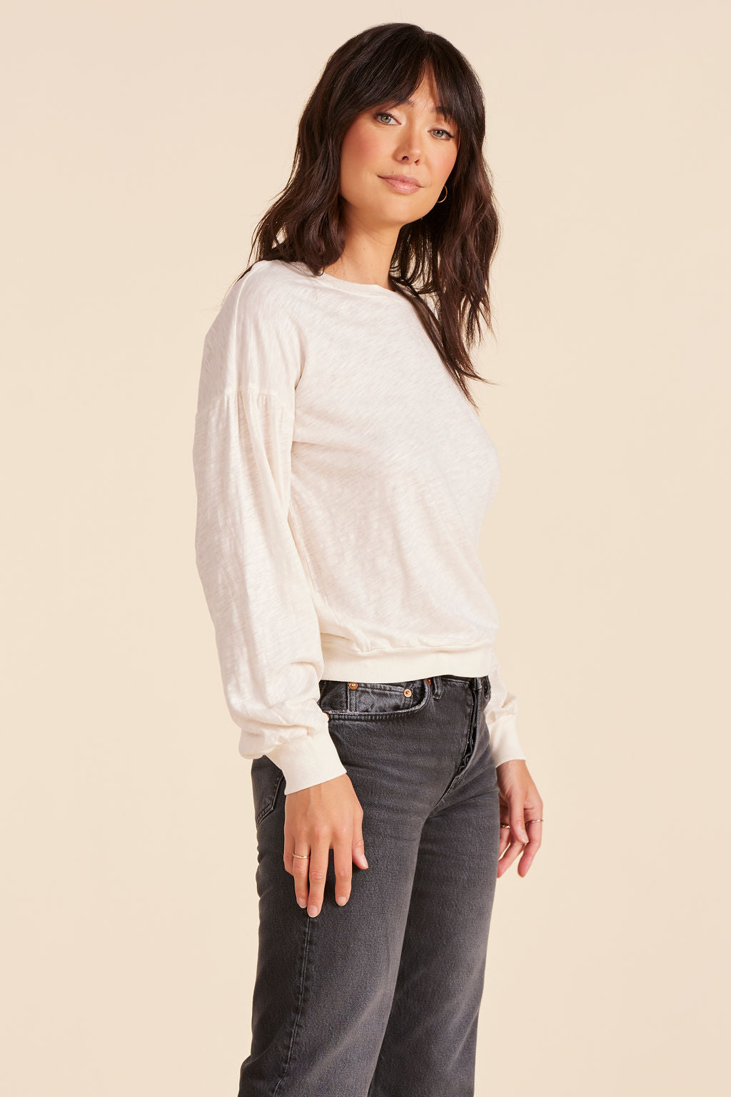 SHIRRED SLEEVE DROP SHOULDER PULLOVER