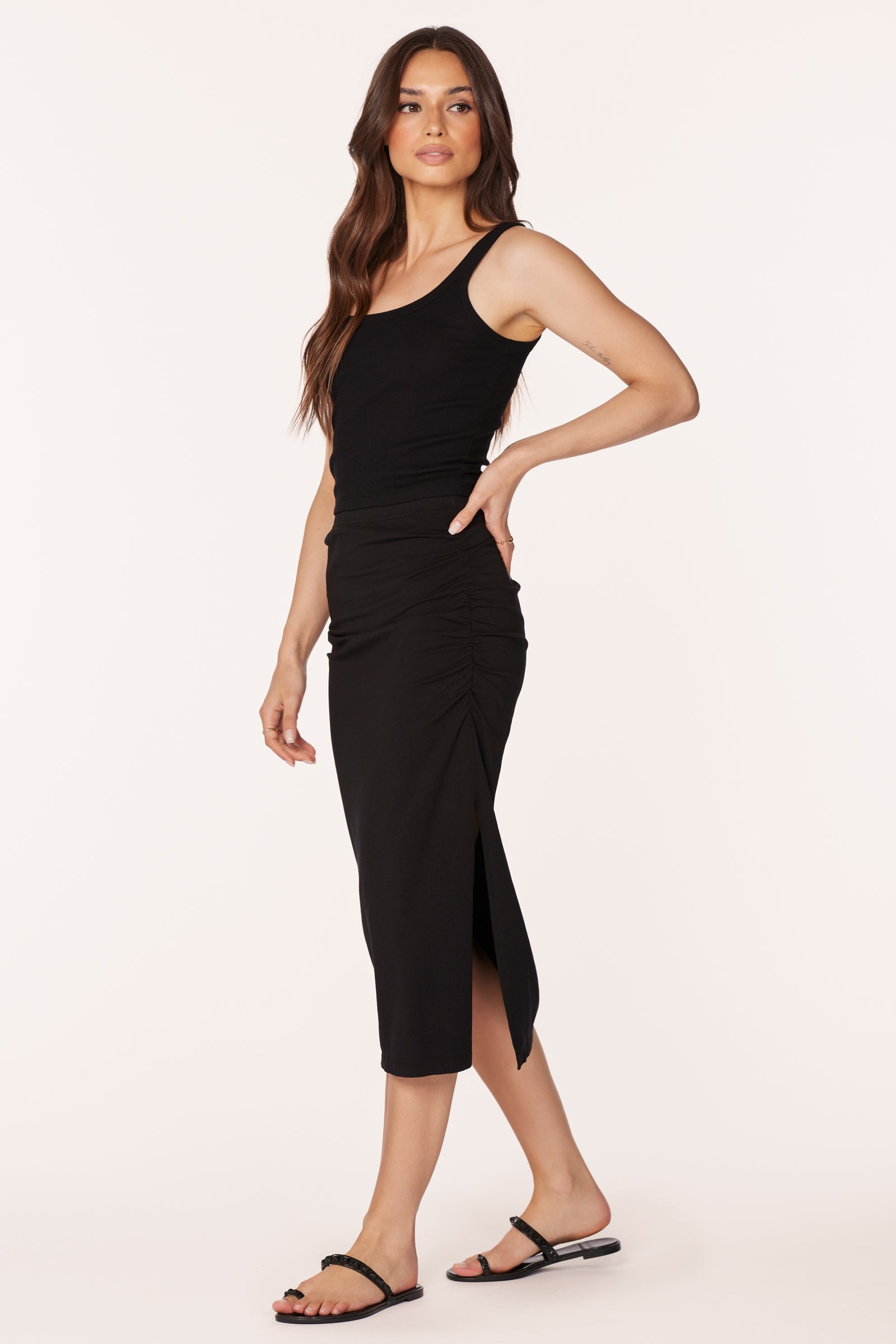 SHIRRED MIDI SKIRT WITH SLITS