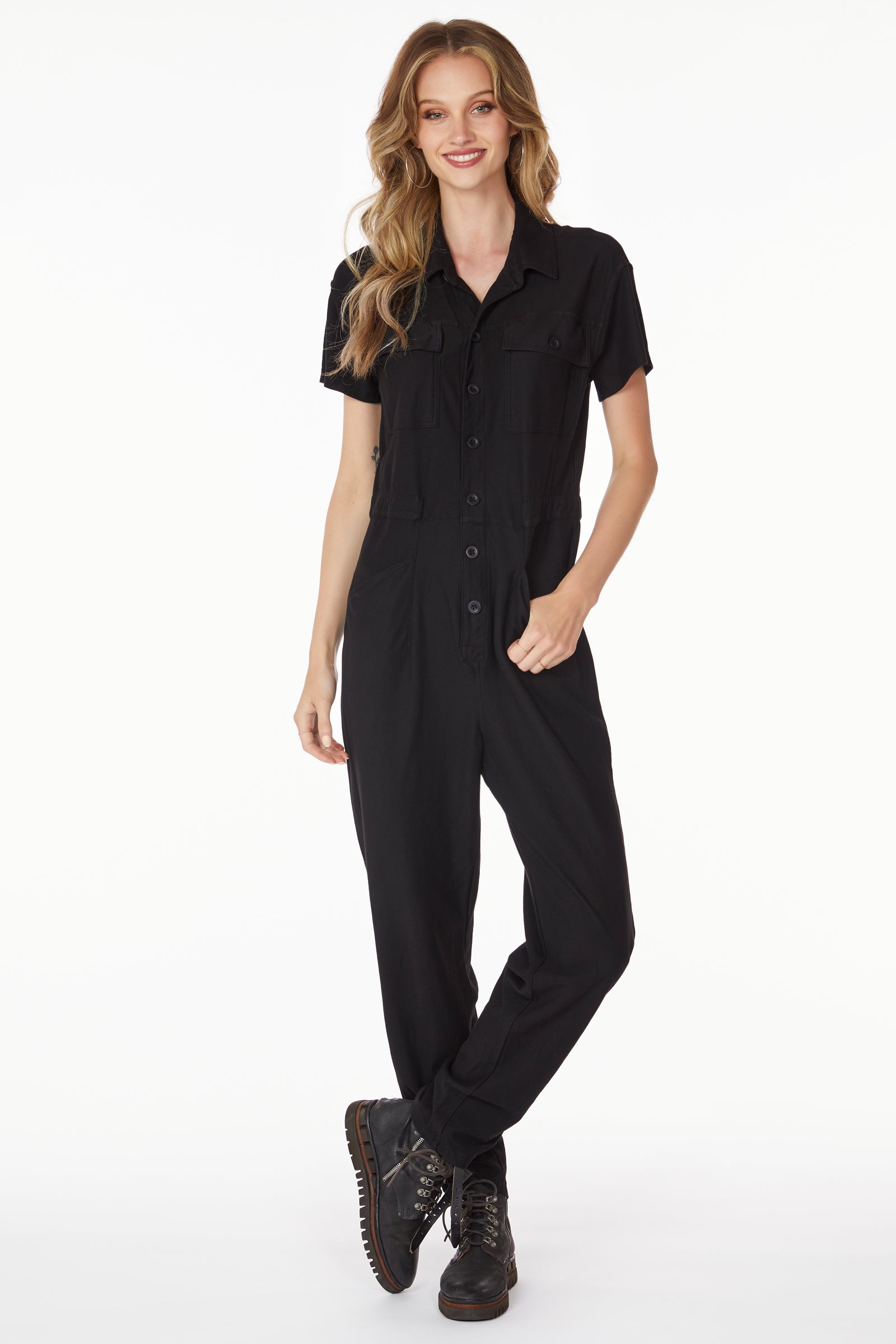 SHORT SLEEVE BUTTON FRONT JUMPSUIT | Bobi Los Angeles